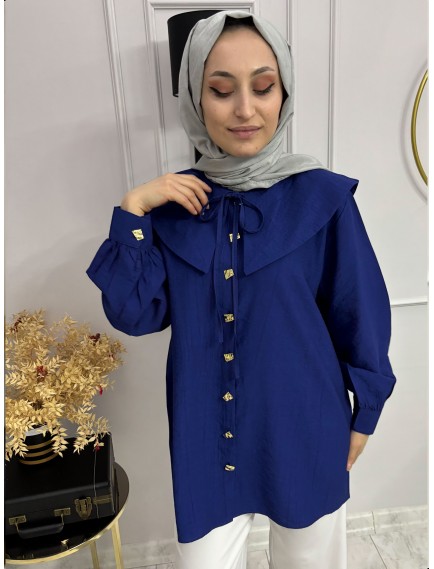 Yaka Detaylı Saks Gömlek