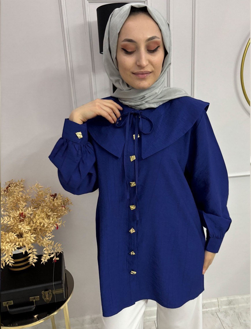 Yaka Detaylı Saks Gömlek