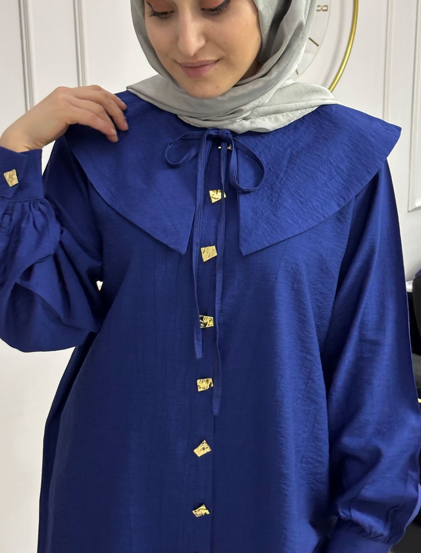 Yaka Detaylı Saks Gömlek